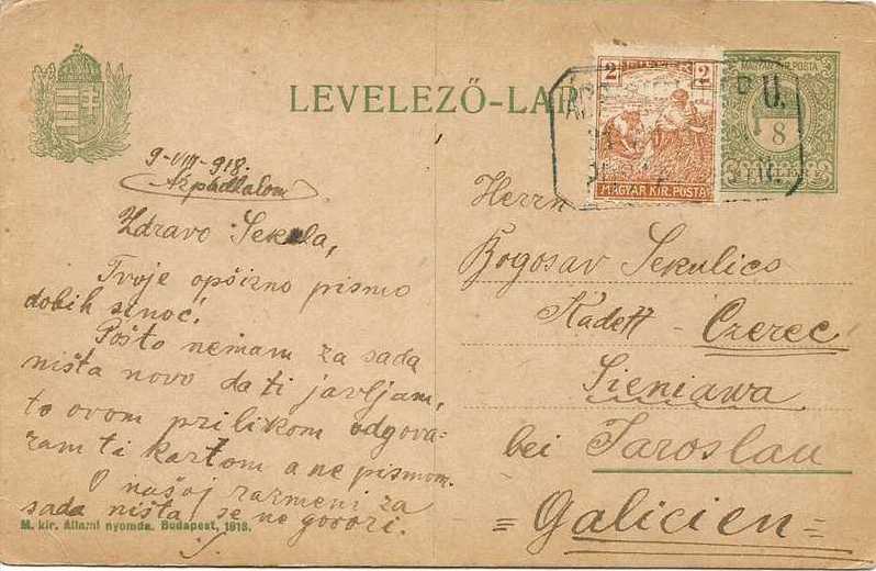 1918. aug. 9-én Árpádhalom pu. postán feladott levelezőlap
